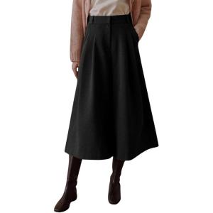 imagechouyatou Womens Wool Culottes Capri Cropped Pants Pleated Elastic High Waist Wide Leg Palazzo TrouserBlack
