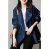 imagechouyatou Women Fall Business Casual Denim Blazer Drawstring Waist Office Jean Jacket Trench Coat