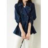 imagechouyatou Women Fall Business Casual Denim Blazer Drawstring Waist Office Jean Jacket Trench Coat