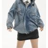 imagechouyatou Womens Oversized Stand Collar Shacket Jean Jacket Zip Up Distressed Frayed Denim Jacket Coat
