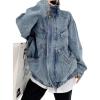 imagechouyatou Womens Oversized Stand Collar Shacket Jean Jacket Zip Up Distressed Frayed Denim Jacket Coat