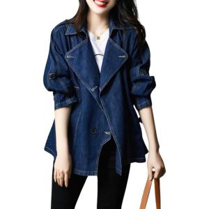 imagechouyatou Women Fall Business Casual Denim Blazer Drawstring Waist Office Jean Jacket Trench Coat