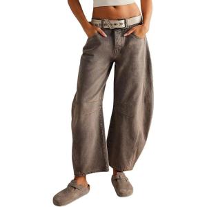 imagechouyatou Womens Boyfriend Wide Leg Denim Pants Y2K Baggy Mid Rise Casual Dressy Barrel Jeans with Pockets