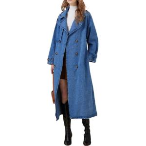 imagechouyatou Womens Fashion Notch Lapel Denim Trench Coat Double Breasted Belted Maxi Long Jean JacketBlue