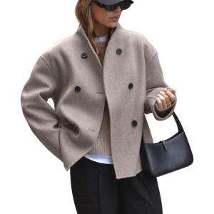 imagechouyatou Womens Winter Double Breasted Wool Blazer Jacket Business Casual Short Wool Pea Coat