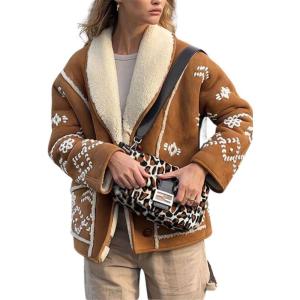 imagechouyatou Womens Winter Embroidery Faux Suede Jacket Button Down Sherpa Lined Jacket Coat