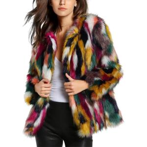 imagechouyatou Womens Winter Fuzzy Open Front Faux Fur Jacket Multicolored Faux Fur Coat