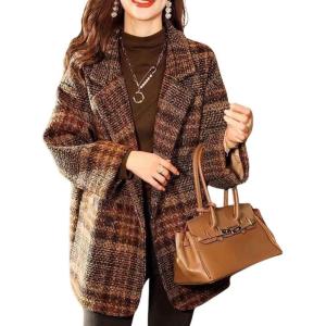 imagechouyatou Womens Winter Plaid Wool Blazer Lapel Collar Double Breasted Plaid Wool Pea Coat Overcoat