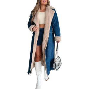 imagechouyatou Womens Winter Sherpa Lined Denim Jacket Open Front Long Jean Trench Coat Jacket