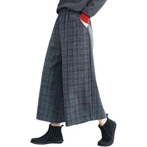imagechouyatou Womens Winter Wool Plaid Wide Leg Cropped Pants Elastic Waist Wool Blend Capri Pants with Pockets