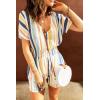 imagechouyatou Womens Cute Rainbow Striped Smocked Waist Button Jumpsuit Romper Shorts