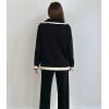 imagechouyatou Womens Double Breasted Color Block Knit Cardigan Sweater Notched Lapel Oversized Jacket Coat