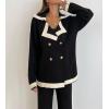 imagechouyatou Womens Double Breasted Color Block Knit Cardigan Sweater Notched Lapel Oversized Jacket Coat