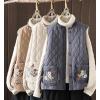 imagechouyatou Womens Fall Winter Floral Embroidered Button Down Cotton Quilted Puffer Down Vest Jacket Outerwear