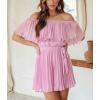 imagechouyatou Womens Sexy Flounce Off the Shoulder Wide Leg Accordion Pleated Boho Rompers Jumpsuit