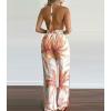 imagechouyatou Womens Wide Leg Halter Jumpsuit Tropical Palm Print High Slit Backless Rompers with Pockets