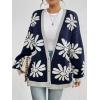 imagechouyatou Womens Y2K Daisy Floral Printed Oversized Cardigans Button Down Knitted Cardigan Sweaters with PocketsNavy