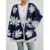 imagechouyatou Womens Y2K Daisy Floral Printed Oversized Cardigans Button Down Knitted Cardigan Sweaters with PocketsNavy