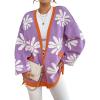 imagechouyatou Womens Y2K Daisy Floral Printed Oversized Cardigans Button Down Knitted Cardigan Sweaters with PocketsPurple
