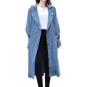 imagechouyatou Women Double Breasted Notch lapel Button Down Midi Long Denim Jean Jacket Trench Coat with Belt