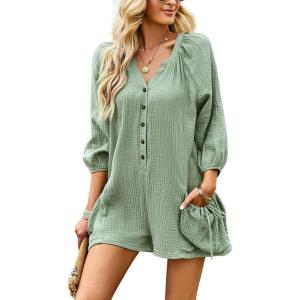 imagechouyatou Womens 34 Sleeve Wide Leg Summer Rompers Shorts Loose Fit Cute Casual Jumpsuits