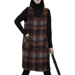 imagechouyatou Womens Button Down Wool Overall Jumper Dress Vintage Plaid Tunic Tank Short Dress with Pockets