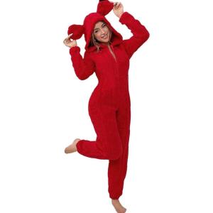 imagechouyatou Womens Comfy Animal Lounge Furry Sherpa Romper Onesie Pajamas Cute Ear Hood Sleepwear Cosplay