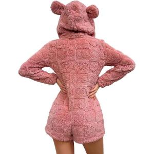 imagechouyatou Womens Cute Animal Lounge Furry Sherpa Romper Onesie Pajamas Ear Hood Short Sleepwear Costume