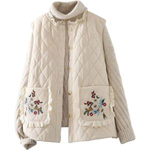 imagechouyatou Womens Fall Winter Floral Embroidered Button Down Cotton Quilted Puffer Down Vest Jacket Outerwear