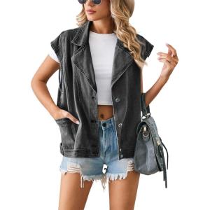 imagechouyatou Womens Notched Lapel Button Down Denim Vest Sleeveless Oversized Jean Jacket Coat with Pockets