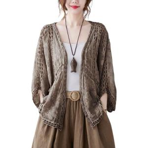 imagechouyatou Womens Sexy Hollow Out Eyelet Lace Embroidered Open Front Cardigan JacketBrown Coffee