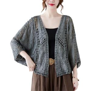 imagechouyatou Womens Sexy Hollow Out Eyelet Lace Embroidered Open Front Cardigan JacketGray Black