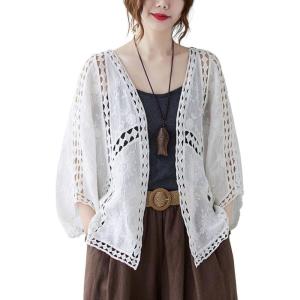 imagechouyatou Womens Sexy Hollow Out Eyelet Lace Embroidered Open Front Cardigan JacketWhite