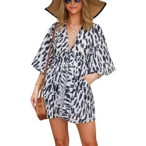 imagechouyatou Womens Sexy Tie Knot Half Sleeve Polka Dot Wide Leg Boho Romper Shorts Jumpsuit