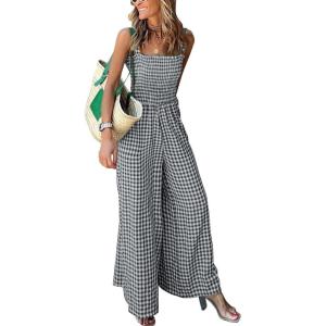 imagechouyatou Womens Smocked Plaid Print Jumpsuits Wide Leg Sleeveless Overalls Jumpsuit Pants