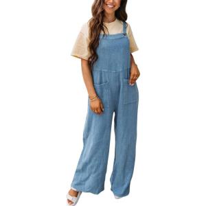 imagechouyatou Womens Summer Adjustable Strap Bib Overalls Loose Wide Leg Casual Jumpsuits Romper with Pockets