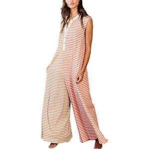 imagechouyatou Womens Summer Color Block Striped Jumpsuit Wide Leg Romper Dressy Casual Overall Pant