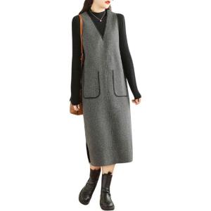 imagechouyatou Womens V Neck Sleeveless Overall Jumper Dress Wool Blend Tunic Tank Midi Long Dress with Pockets