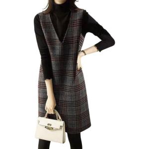 imagechouyatou Womens Vintage Plaid Wool Overall Jumper Dress Wool Blend Tunic Tank Mini Dress with PocketsPlaid