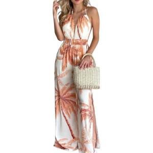 imagechouyatou Womens Wide Leg Halter Jumpsuit Tropical Palm Print High Slit Backless Rompers with Pockets
