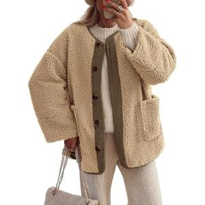 imagechouyatou Womens Winter Casual Fleece Jacket Fuzzy Oversized Button Down Sherpa Jacket Faux Fur Coat