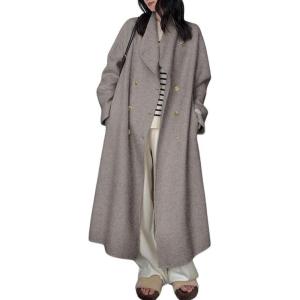 imagechouyatou Womens Winter Double Breasted Wool Coat Shawl Collar Long Trench Coat Overcoat with Pockets