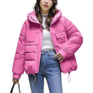 imagechouyatou Womens Winter MultiPocket Hooded Puffer Jacket Oversized Short Down Puffer Coat