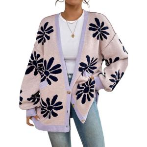 imagechouyatou Womens Y2K Daisy Floral Printed Oversized Cardigans Button Down Knitted Cardigan Sweaters with PocketsPink