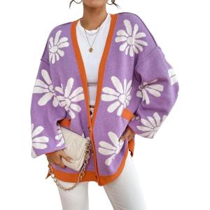 imagechouyatou Womens Y2K Daisy Floral Printed Oversized Cardigans Button Down Knitted Cardigan Sweaters with PocketsPurple