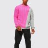 imagechouyatou Mens Color Block Spliced Zipper Decor Long Sleeve Cable Knit Pullover Sweater Top