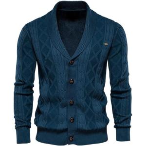 imagechouyatou Mens Classic Cable Knitted Button Down Shawl Collar Cardigan Sweaters
