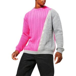 imagechouyatou Mens Color Block Spliced Zipper Decor Long Sleeve Cable Knit Pullover Sweater Top