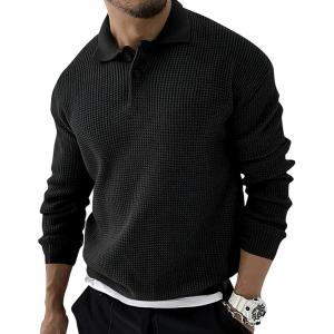 imagechouyatou Mens Waffle Knit Pullover Sweater Business Casual Polo Collared Sweater Top