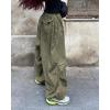 imagechouyatou Womens Baggy Cargo Parachute Pants Low Waisted Wide Leg Y2K Trousers SweatpantsArmy Green